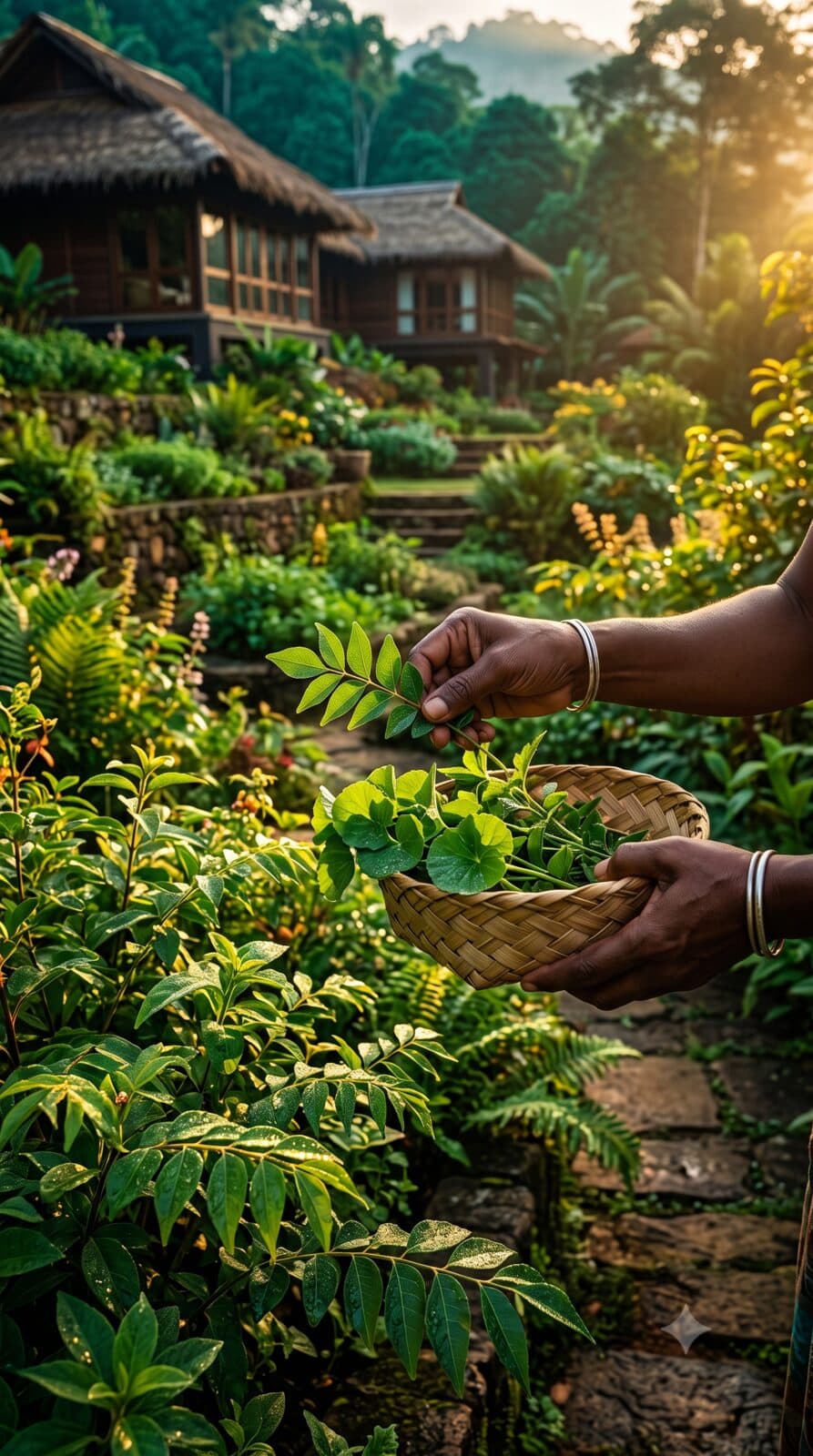 Hands harvesting medicinal herbs in the sanctuary gardens